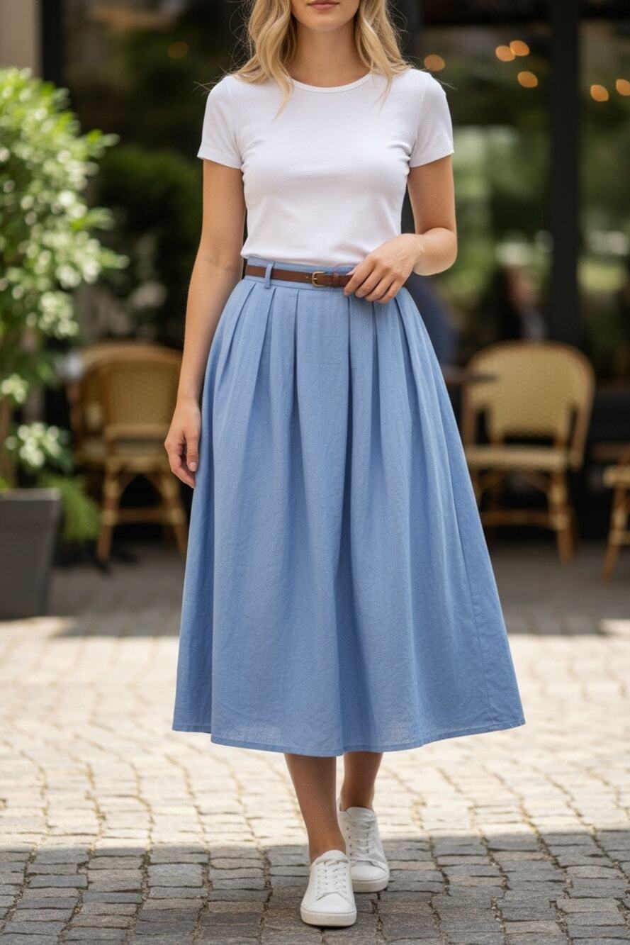 Tulip B Vintage Blue Pleated Midi Skirt Belt Pockets Lined Small NEW